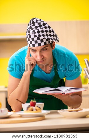 Man cook preparing cake in kitchen at home
