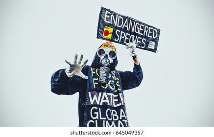 Man in costume protesting 