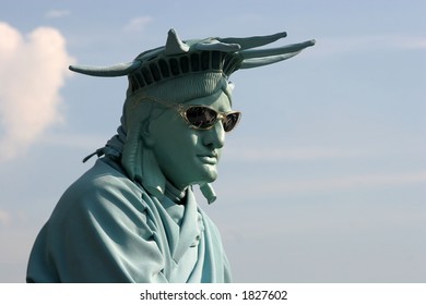 Man In Costume Of Statue Of Liberty