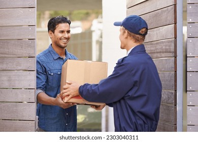 Man, courier and home for giving package, ecommerce or delivery with smile, customer experience or outdoor. Logistics service, shipping and guy with gratitude, happy and receiving box at house door
