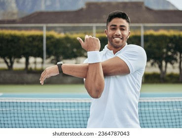 Man, court and stretching before tennis game for fitness, exercise and workout outdoor in Cape Town. Portrait, person and arm training for sport competition, challenge and wellness with happiness - Shutterstock ID 2364787043