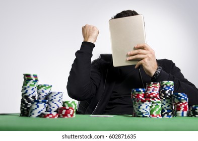 Man Covered Face With Tablet, Sitting By The  Poker Table, Poker Success / Poker Win / Random Man, No Face