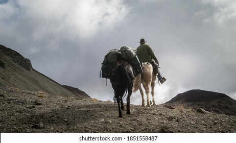 Man With Cowboy Hat Leading The Way With His Horse And Pack Horse.