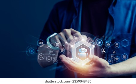 Man cradles a set of futuristic Robotic Process Automation (RPA) icons, symbolize the technology, where artificial intelligence (AI) and smart systems harmonize to redefine industry standards