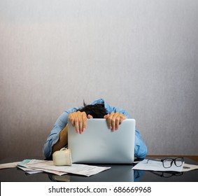 Man crawling on computer laptop, tired and stress of study and work concept