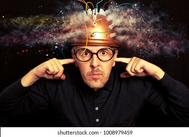 Man Crazy Inventor Wearing A Helmet Brain Research. Brainstorm