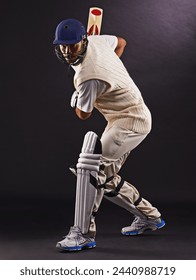 Man, cricket and athlete with sports bat in studio for professional match, competition or black background. Male person, gear and helmet with mockup space or fitness training, performance or game