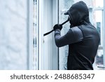 Man, criminal and crowbar for house crime, home invasion and breaking entering attempt with tool. Apartment, robbery and burglary or trespassing on property, security breach and owners safety risk