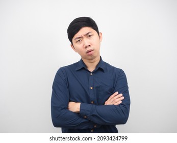 Man Cross Arm Feeling Confused Serious Face White Background