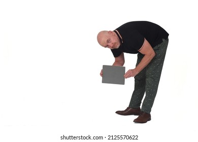 Man Crouching And Holding Blank Isolated On White Background