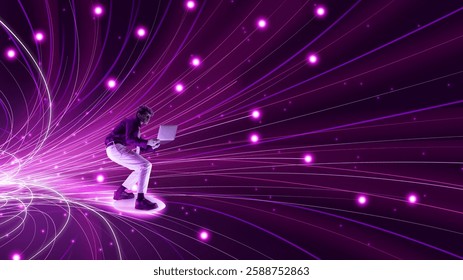 Man crouching while holding laptop, surfing on glowing digital waves, surrounded by dynamic purple light trail. Fast data flow and digital connectivity. Concept of digital business, technology