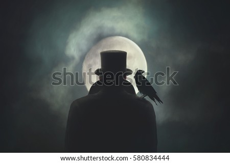 Man with crow on his shoulder observing the moon