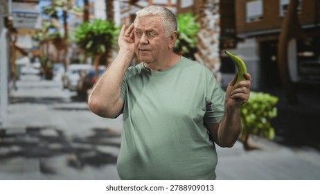 Man cupping ear while holding banana with right hand on a sunny street lined with palm trees and shops; absurdity confusion.