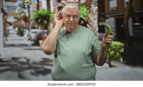 Man cupping ear while holding banana with right hand on a sunny street lined with palm trees and shops; absurdity confusion.
