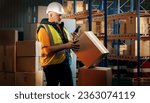 Man in customs warehouse. Storekeeper with box. Warehouse worker holds package. Customs officer with phone. Man near shelves with boxes. Customs officer checks legality parcels. Warehouse business
