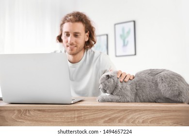 Man With Cute Funny Cat Working On Laptop At Home