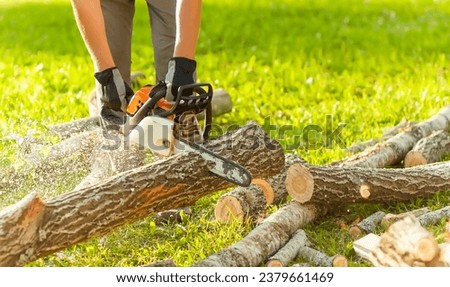 A man cuts logs with a saw outdoors. 