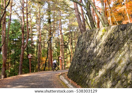 A man cycling up into the mountains in Japan.