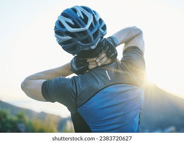 Man, cycling and neck pain with injury outdoor, stress and helmet for safety, fitness or exercise in sunshine. Cyclist, emergency and medical problem in countryside for workout, race or performance - Powered by Shutterstock