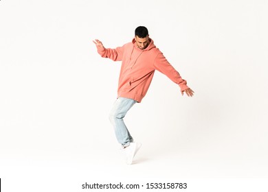 Man Dancing Street Dance Style Over Isolated White Background