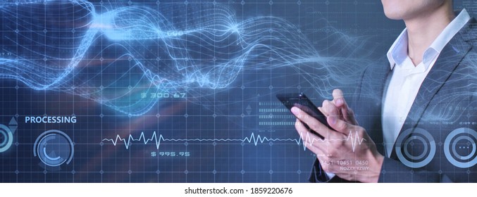 Man and data analysis technology, man controlling HUD interface 3D digital wave pattern futuristic technology background computer screen, wireless internet connection signal analyze blue theme  - Powered by Shutterstock - Get 15% off with code: PIKWIZARD15