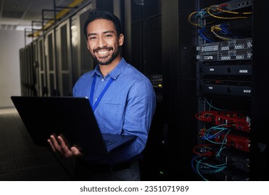 Man, data center and computer in programming portrait, server room coding and programming or cybersecurity. Business person on laptop and engineering network, gdpr software and backup or maintenance