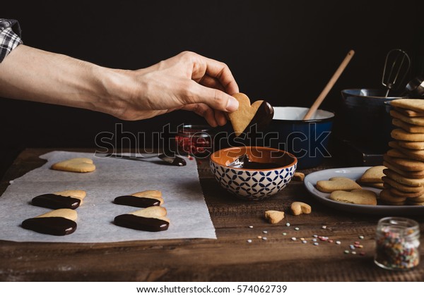 Man Decorating Heart Shaped Biscuits Melted Stock Photo Edit Now