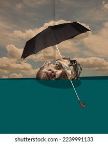 Man in deep depression go with the flow. Contemporary art collage. Inspiration, idea, trendy urban style. Copy space for text or ad. Surrealism. Poster for exhibitions