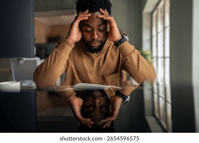 A man deep in thought, reading a document at a reflective table in a modern office setting.