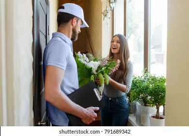 Man Delivered Bouquet To Woman. Unexpected Surprise From Boyfriend. Delivery Service Of Local Flower Shop.