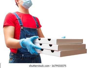 Man From Delivery Service In Red T-shirt, In Protective Mask And Gloves Giving Food Order And Holding Three Pizza Boxes Isolated Over White Background