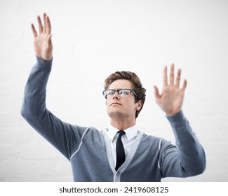 Man, designer and invisible screen with planning, idea and vision with hands, and worker touch. Face, contemplating and young person with gesture, career or geek with glasses, for creative design - Powered by Shutterstock