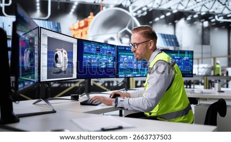 Man Designs And Develops Satellite 3D Model On Computer Monitor. Highly Skilled Engineer Working