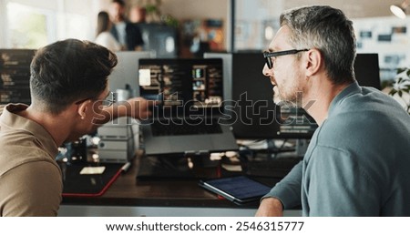 Man, developer and coding support on computer screen in office for testing web application and troubleshooting. Programming, employee or mentor with advice on developing software solution at startup