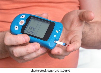 Man With Diabetes Is Checking Blood Sugar Level With Glucose Meter