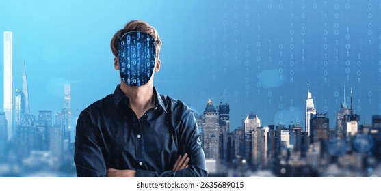 Man with a digital binary face wearing a dark shirt in front of a modern city skyline, concept of identity, cybersecurity, and technology