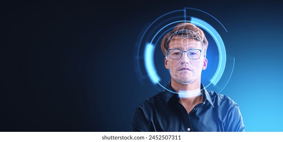 A man with digital facial recognition overlays on a blue background, reflecting the concept of authentication technology