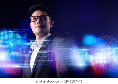 Man And Digital Technology, Asian CEO Business Man Standing Smile, Cyber Digital Screen In Colorful Light Dark Blue Futuristic Artificial Intelligence Coding Background. 