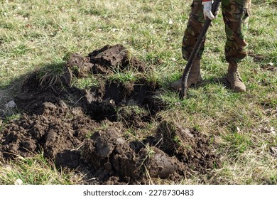 Man digs a planting hole for a tree planting, a soil heap on the lawn, early spring, nature, environment and ecology concept. - Shutterstock ID 2278730483