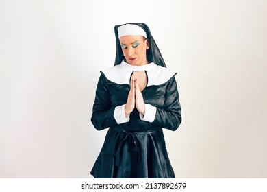 Man Disguised As A Nun - Crossdressing Concept - Drag Queen Performing - Identity And Religion Clash