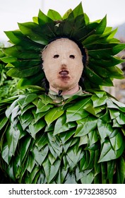 Man Disguised As A Tree. Traditional Carnival In Spain.Northern Spain.La Vijanera. Masquerade Ceremony. Tree Man Costume.