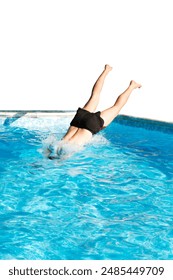 man diving into pool isolated on white, summer rest