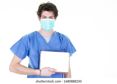 Man Doctor Holding Digital Tablet Pc Empty White Screen Mockup