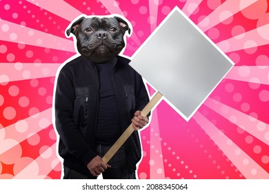 Man with a dog head holds a poster. A dog with a banner. Place for the text on the poster. A man with a bulldog head. An unusual way to present information. A collage of modern art.