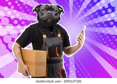 Man With Dog Head. A Dog With A Human Body. Parcel Delivery. A Bulldog In A Work Uniform. A Dog With A Cardboard Box. Contemporary Art. Delivery Is Holding A Smartphone In My Hands. Purple Collage.