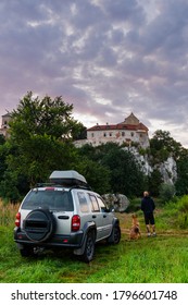 Man With Dog On Staycations. Hyper Local Adventure And Road Trip In Pandemic Time.