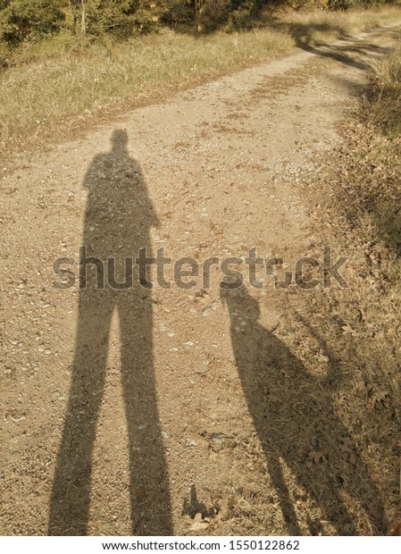 Man and dog shadows on\
a country lane.