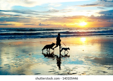 Man with a dogs running on the beach at sunset. Bali island, Indonesia