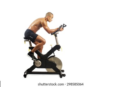 man doing exercise on bike on white background 