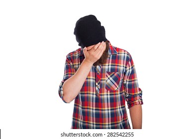 Man doing facepalm or cover his eyes and face with palm